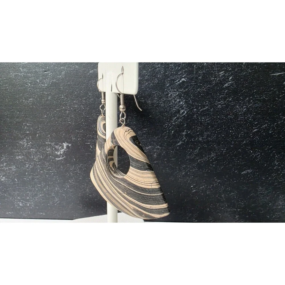 Bohemian Wooden Triangular Shaped Dangling Earrings Vintage